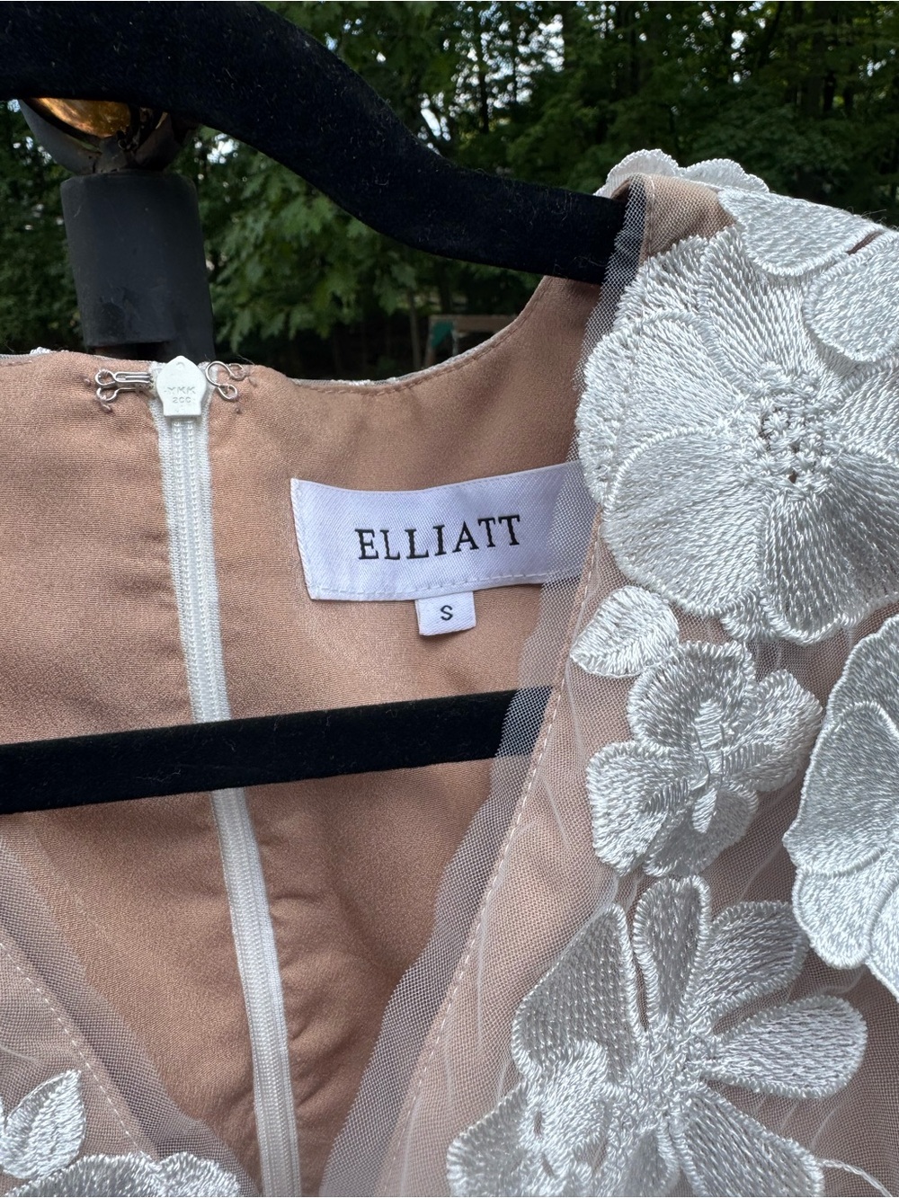 Elliatt Nude and White Embroidered Floral Overlay Dress